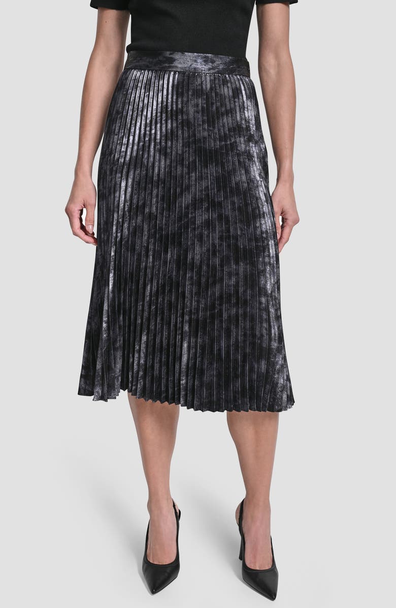 DKNY Metallic Oil Spill Pleated Midi Skirt, Main, color, Gunmetal