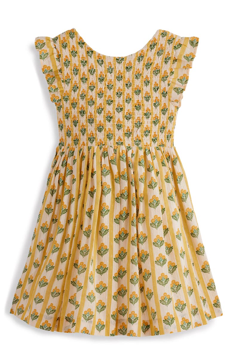 Mini Boden Kids' Floral Print Back Bow Dress, Main, color, Honeycomb Yellow Flower Stem