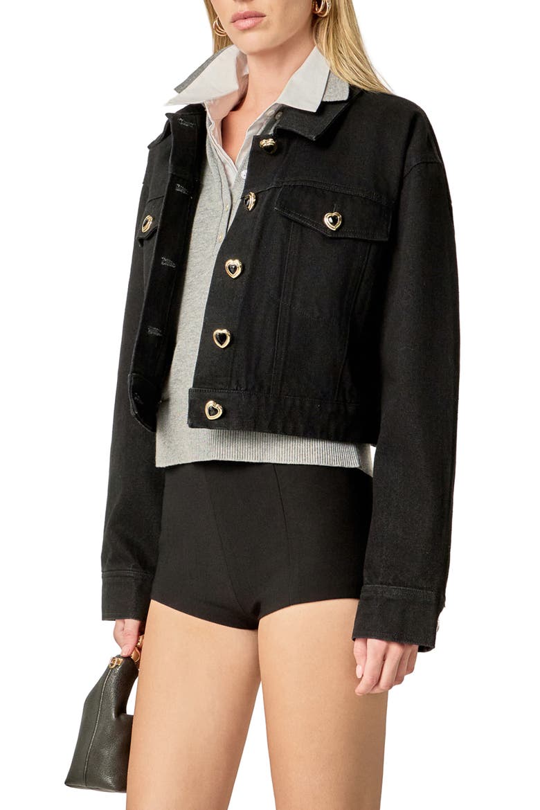 Heart Button Crop Denim Jacket, Alternate, color, BLACK DENIM