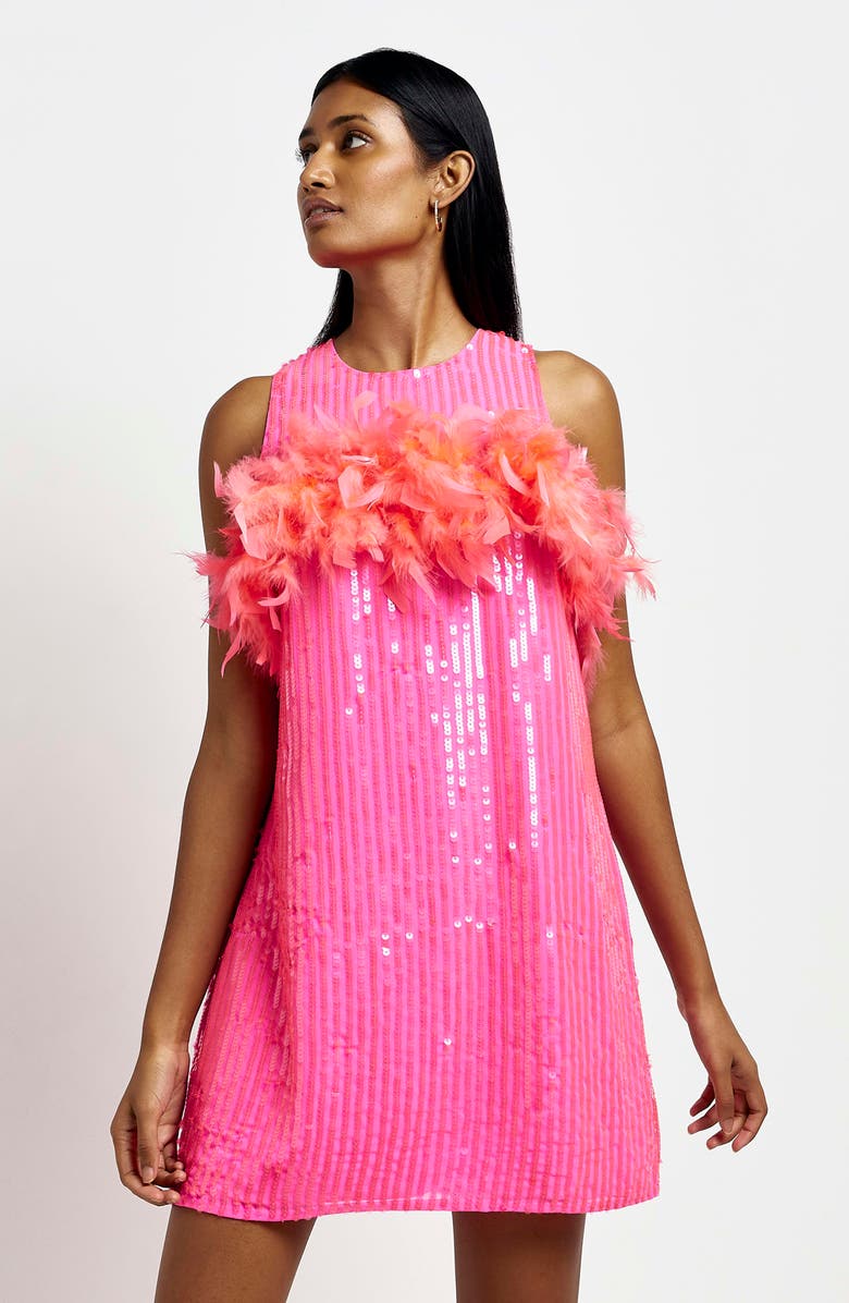River Island Feather Detail Sequin Shift Dress, Alternate, color,