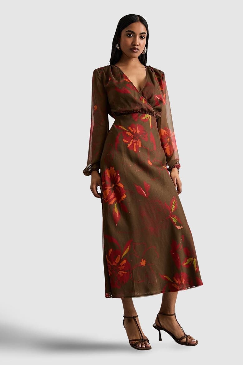 Printed V Neck Tie Detail Midi Dress, Main, color, Brown