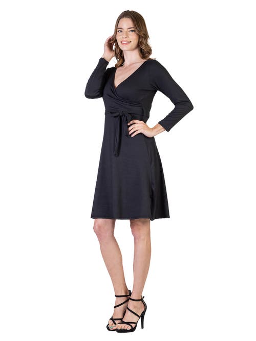 24seven Comfort Apparel Chic V-neck Long Sleeve Belted Dress In Blue
