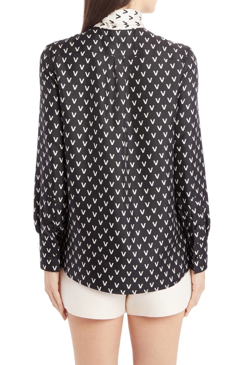 Logo Print Tie Neck Silk Blouse, Alternate, color, NERO/ AVORIO