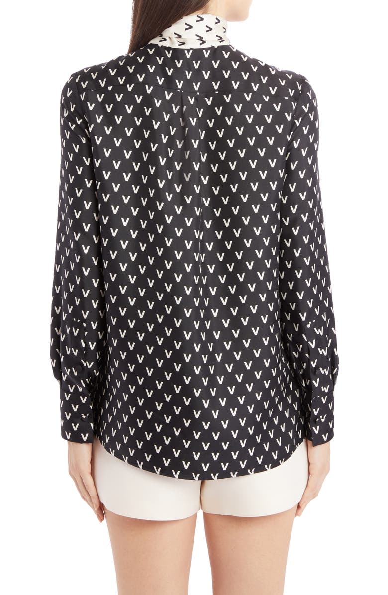 Valentino Logo Print Tie Neck Silk Blouse, Alternate, color, 