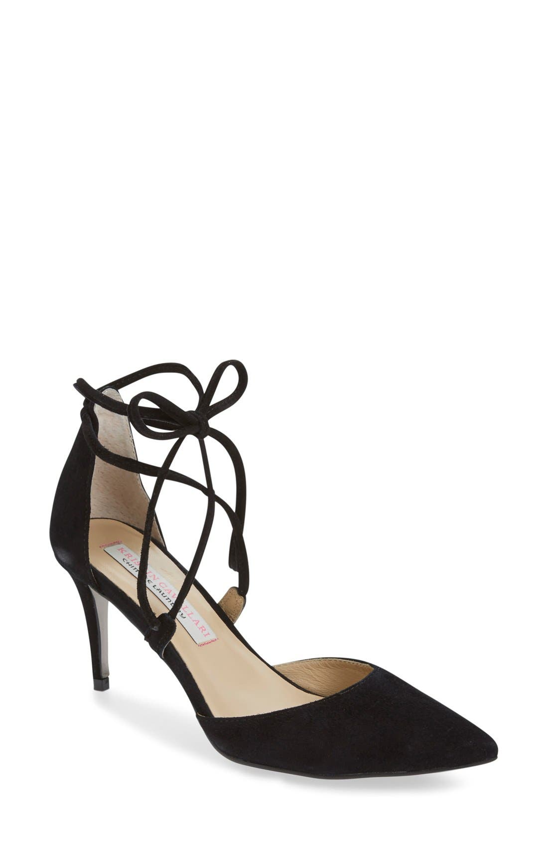 'Opel' Lace-Up Pointy Toe Pump, Main, color, BLACK SUEDE