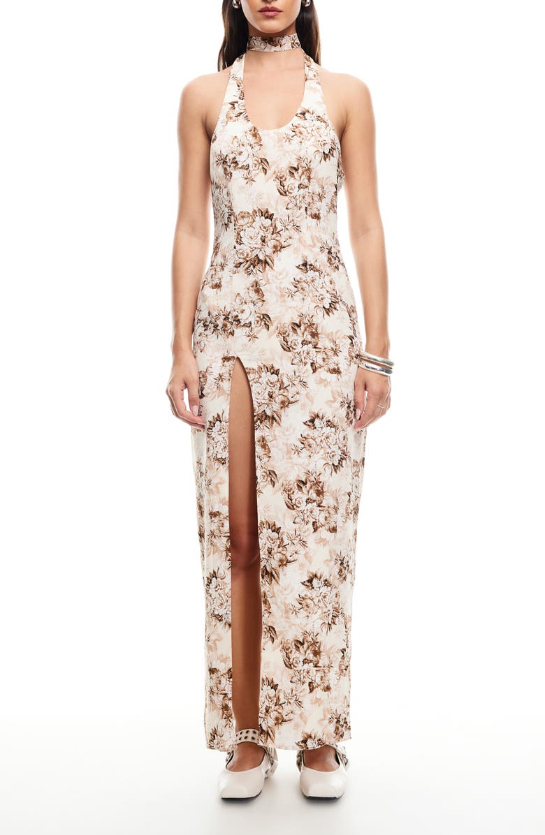 LIONESS Westwood Floral Choker Halter Maxi Dress, Main, color, Chocolate Floral