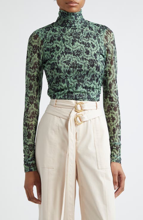 Long Sleeve Shirred Mesh Turtleneck Top