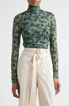 Cinq à Sept Long Sleeve Shirred Mesh Turtleneck Top