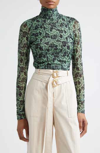 Cinq à Sept Long Sleeve Shirred Mesh Turtleneck Top