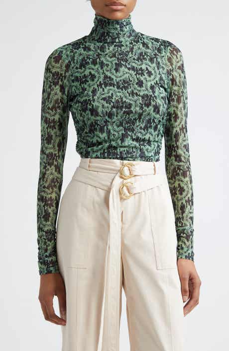 Cinq à Sept Long Sleeve Shirred Mesh Turtleneck Top