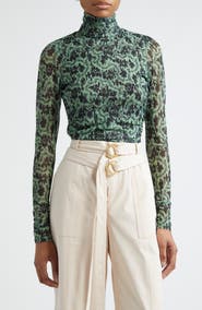 Cinq à Sept Long Sleeve Shirred Mesh Turtleneck Top