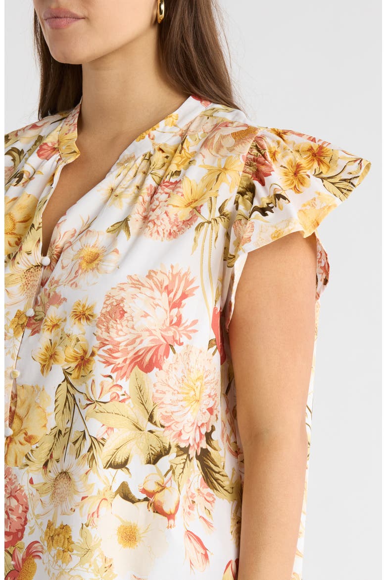 Zury Split Neck Flutter Sleeve Stretch Cotton Top, Alternate, color, CORAL-MULTI