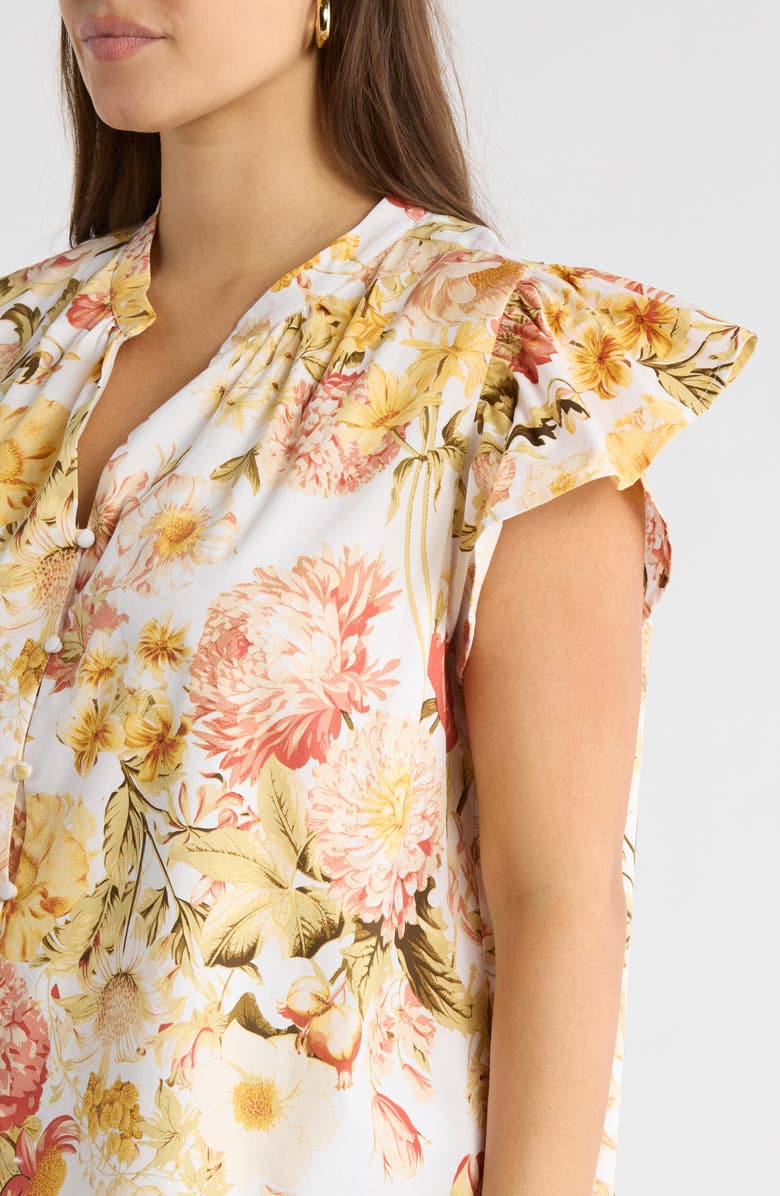 SUGARLIPS Zury Split Neck Flutter Sleeve Stretch Cotton Top, Alternate, color, Coral-Multi