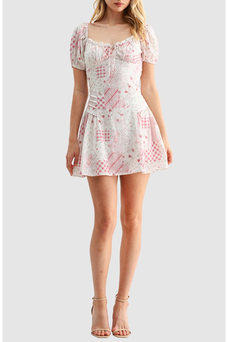 Patchwork Detail Embroidered Minidress, Main, color, IVORY RED PRINT