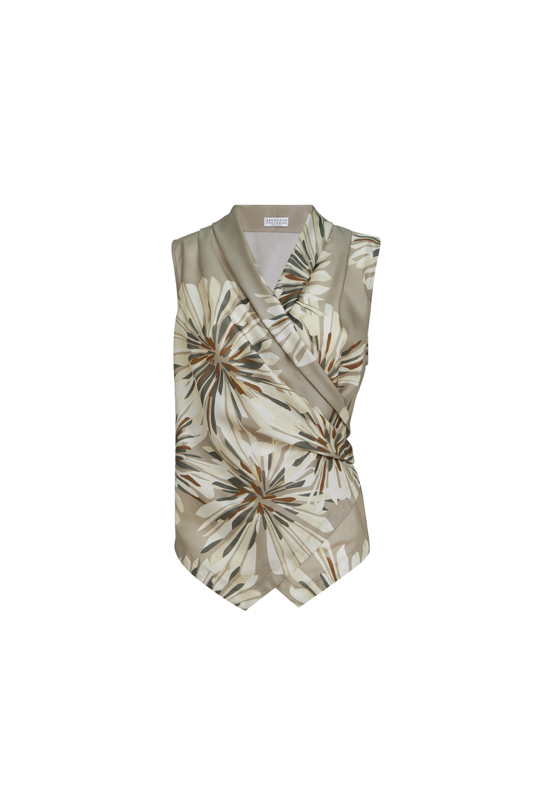 Bloom print pongee vest, Alternate, color, Khaki