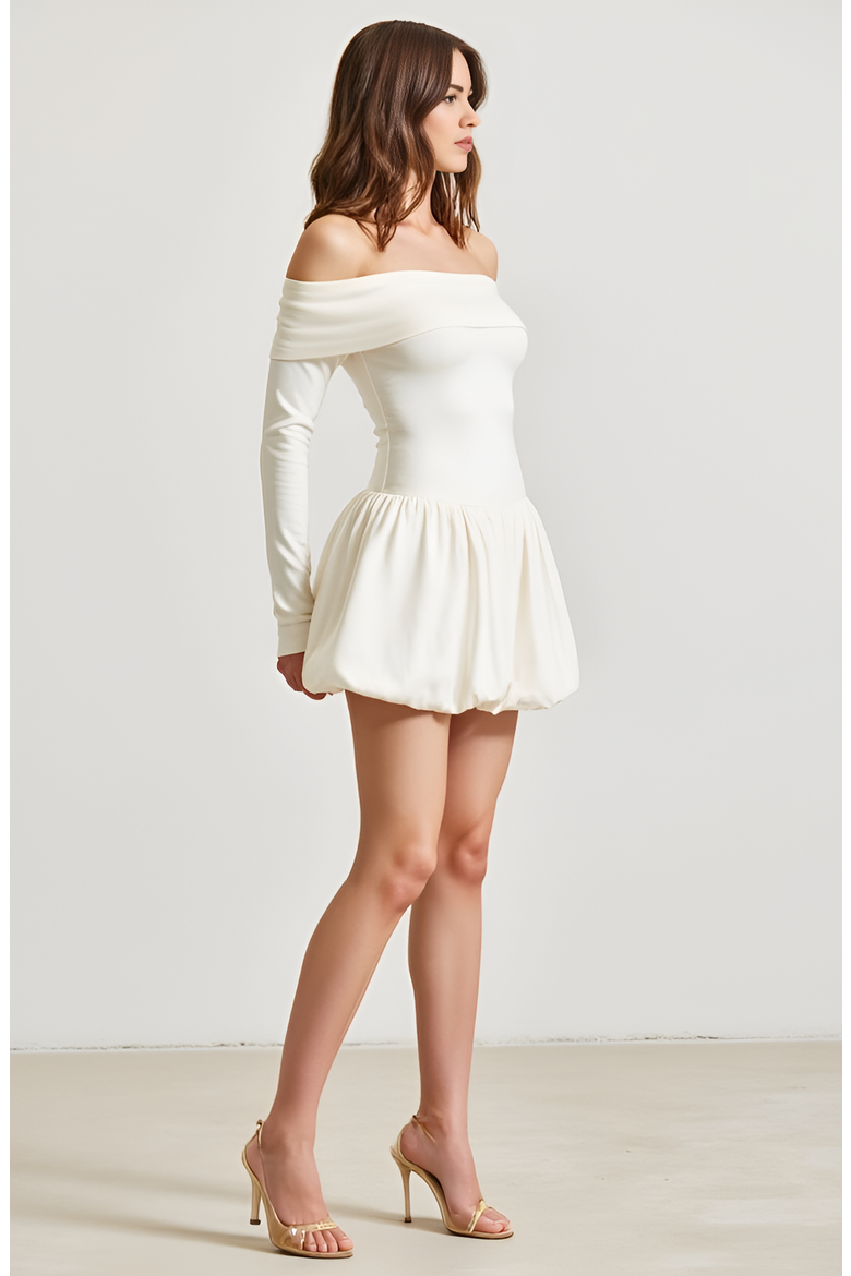 Off-Shoulder Long-Sleeve Mini Dress with Bubble Hem, Alternate, color, White / Off-White