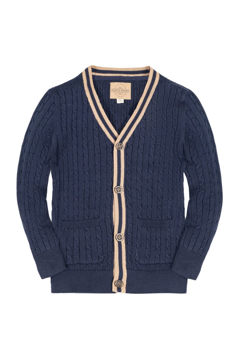 Baby Boys' Organic Cable Cardigan, Infant, Main, color, Navy Cable with Camel