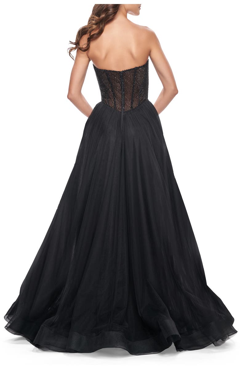 La Femme A-Line Tulle Prom Dress with Rhinestone Fishnet Bodice, Alternate, color, Black