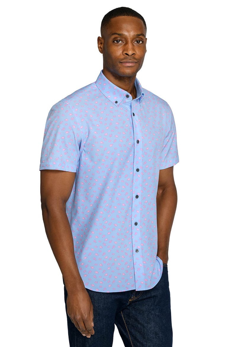 Slim Fit Crustaceans Woven Short Sleeve Basic Shirt, Alternate, color, DENIM/PINK