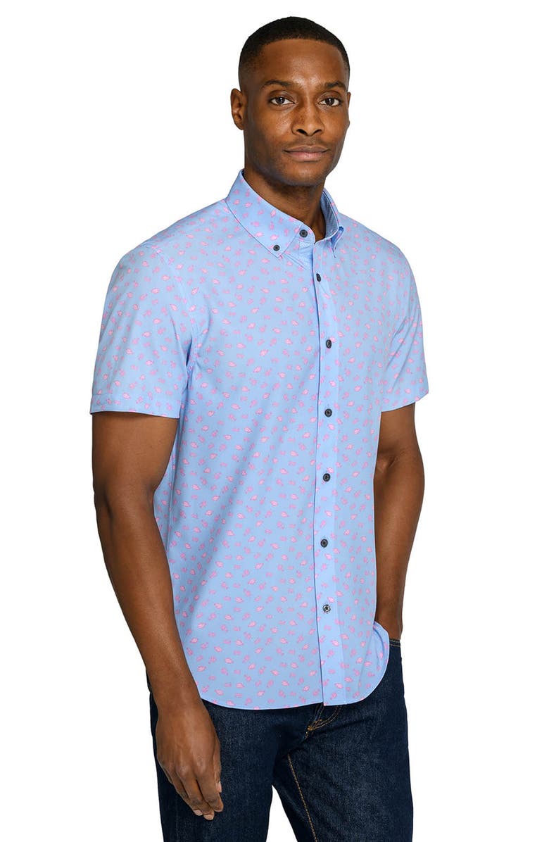 CONSTRUCT Slim Fit Crustaceans Woven Short Sleeve Basic Shirt, Alternate, color, Denim/Pink