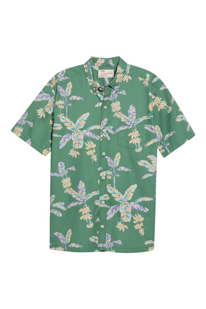 Banana Blossoms Cotton Button-Down Shirt, Alternate, color, ISLAND GREEN