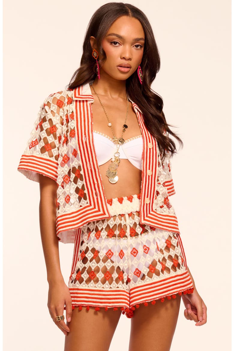 Cordelia Open Knit Cover-Up Shorts, Alternate, color, FLAME/ SANDSTONE CROCHET