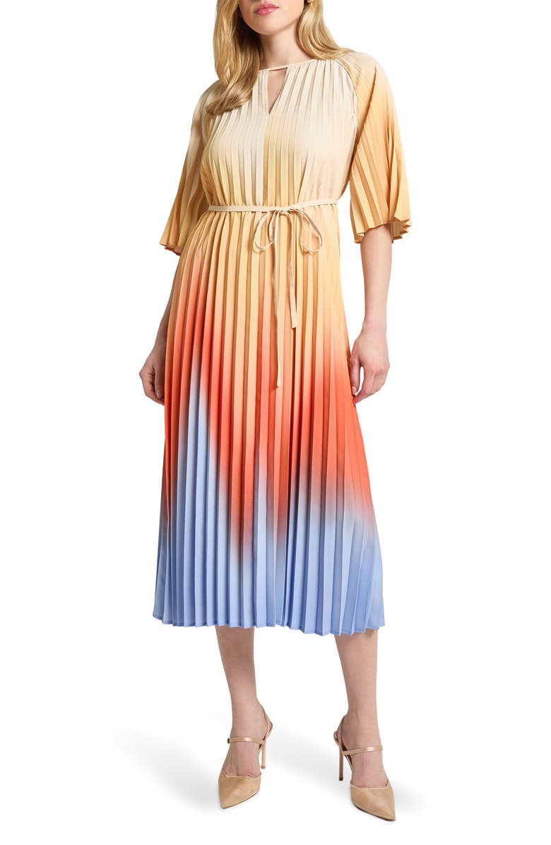 Misook Pleated Ombré Crêpe de Chine Dress, Main, color, Arctic
