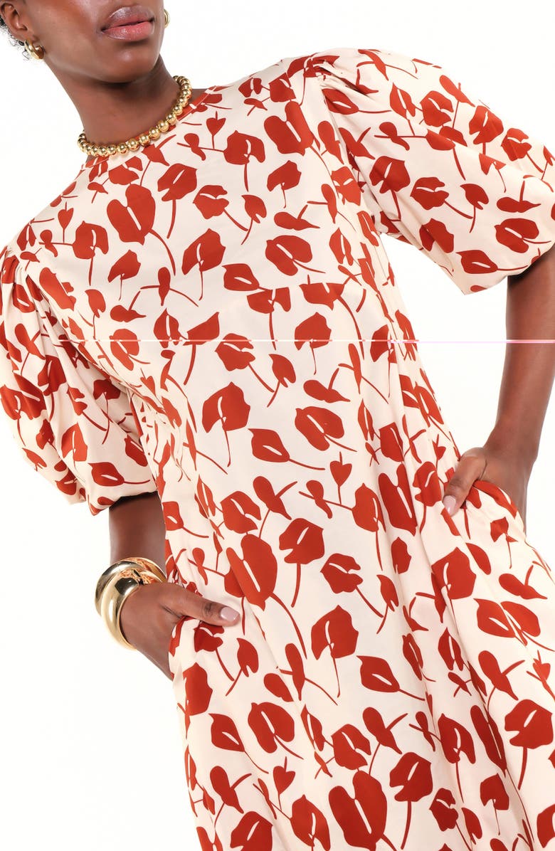 The Lulo Project The Dawn Dot Puff Sleeve Linen & Cotton Maxi Dress, Alternate, color, Red Brave Flora
