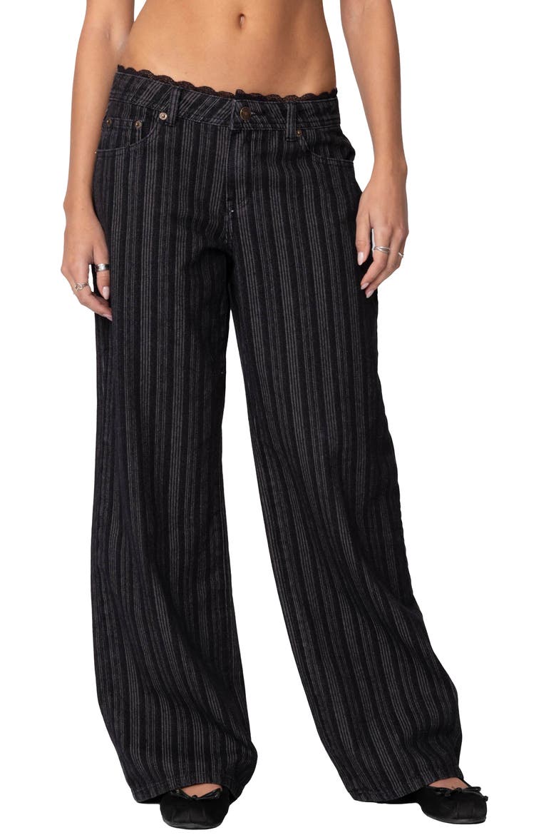 Stripe Lace Trim Low Rise Wide Leg Jeans, Main, color, BLACK