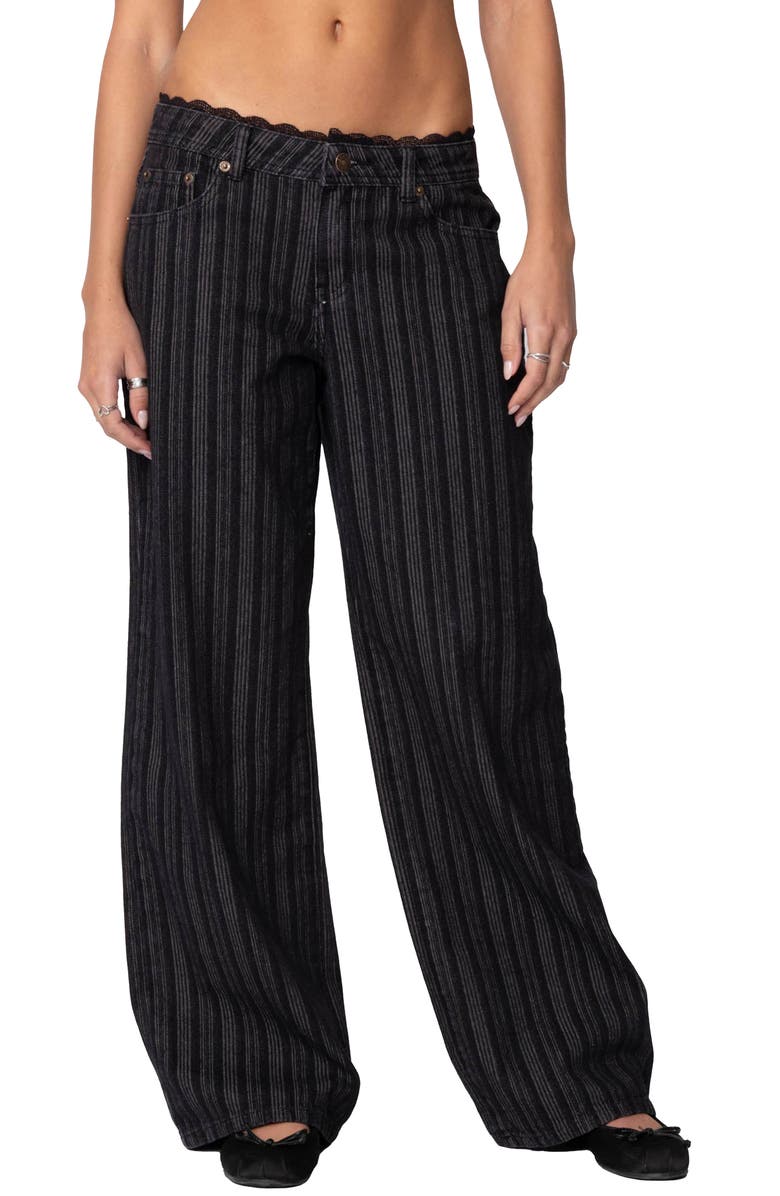EDIKTED Stripe Lace Trim Low Rise Wide Leg Jeans, Main, color, Black