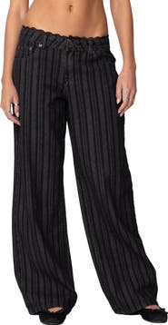 EDIKTED Stripe Lace Trim Low Rise Wide Leg Jeans