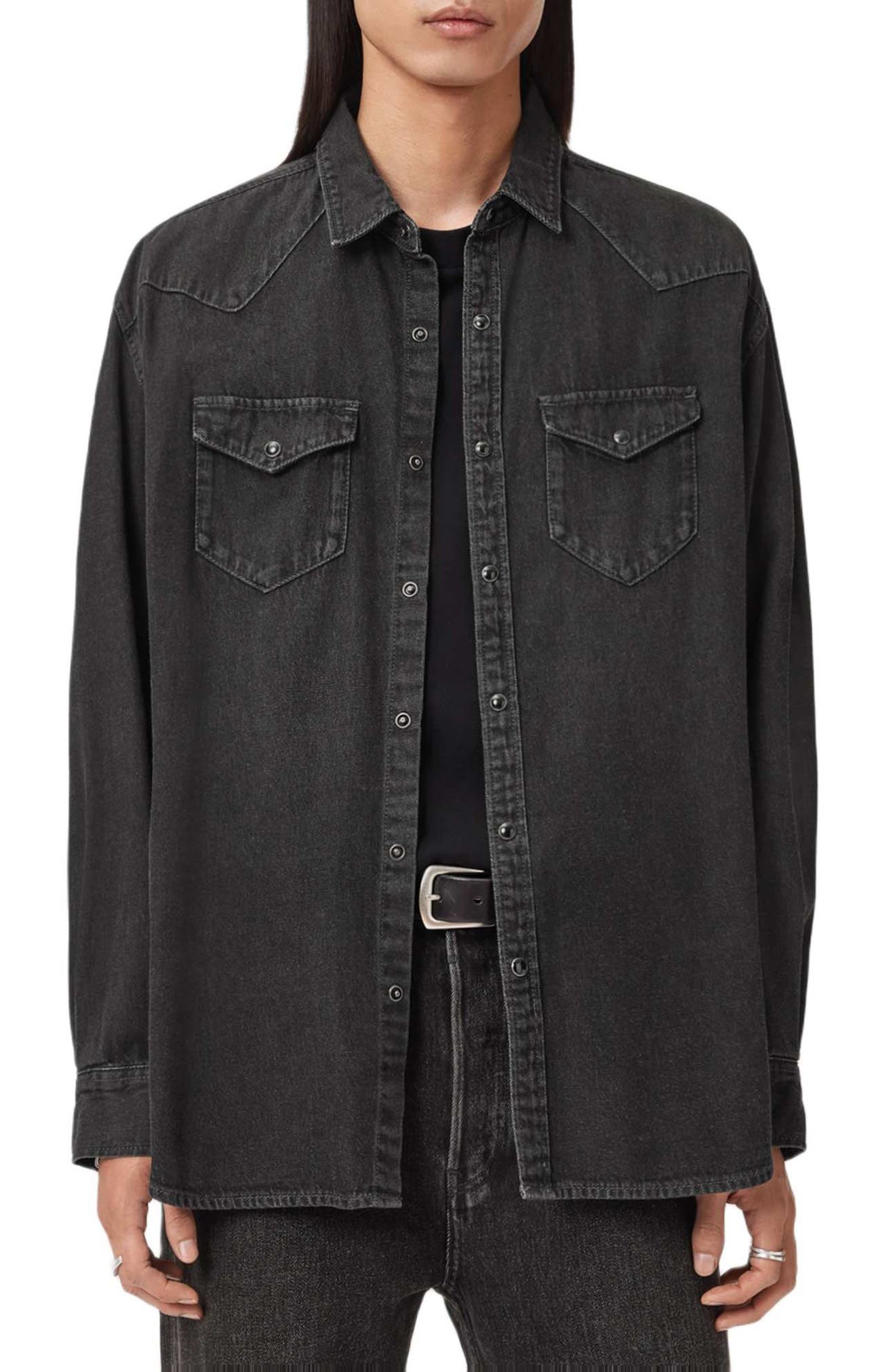 AllSaints Fenton Cotton Denim Snap-Up Shirt