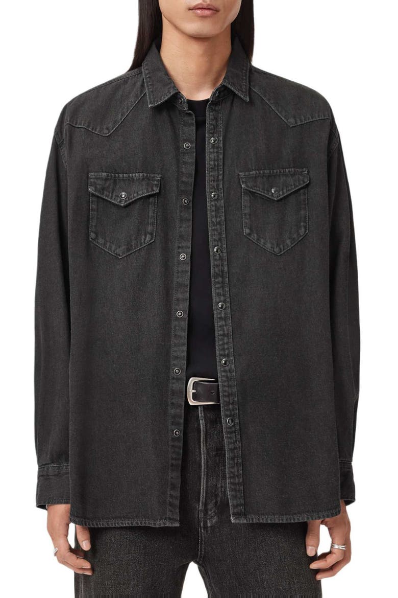 Fenton Cotton Denim Snap-Up Shirt, Main, color, BLACK