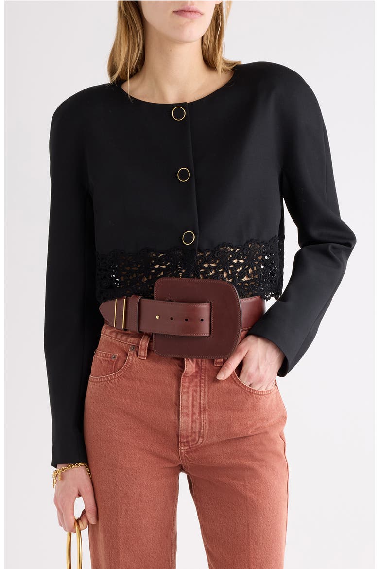 Lace Trim Crop Wool Grain de Poudre Jacket, Main, color, BLACK