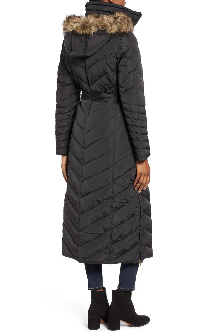Belted Down & Feather Fill Long Coat with Faux Fur Trim Hood, Alternate, color, BLACK