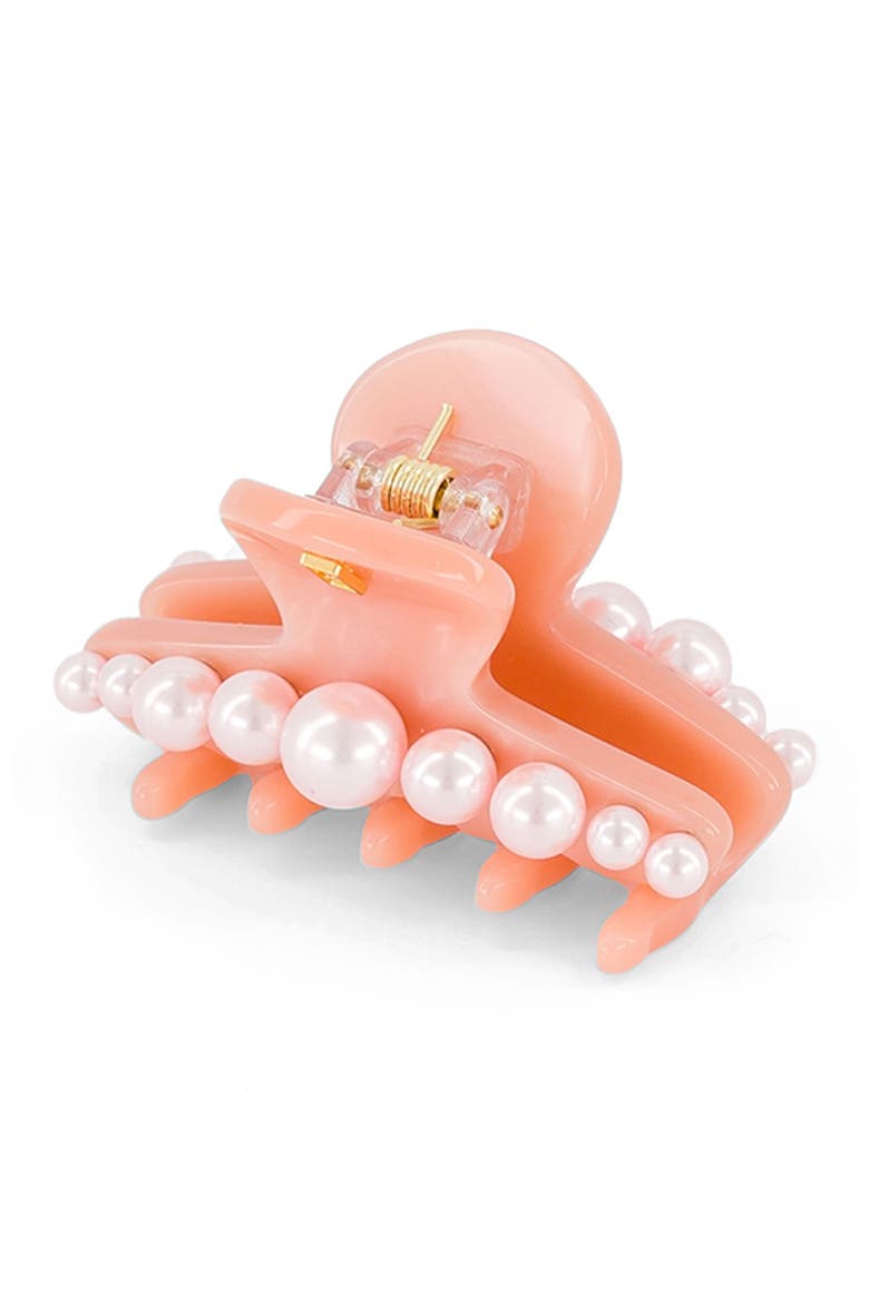 Goncourt small acetate and pearl hair clip, Alternate, color, Pink