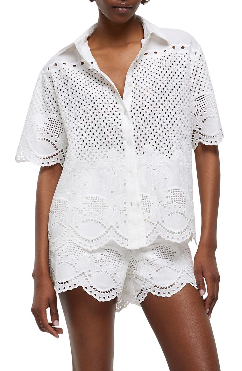 River Island Short Sleeve Broderie Anglaise Cotton Button-Up Shirt, Main, color, Ecru