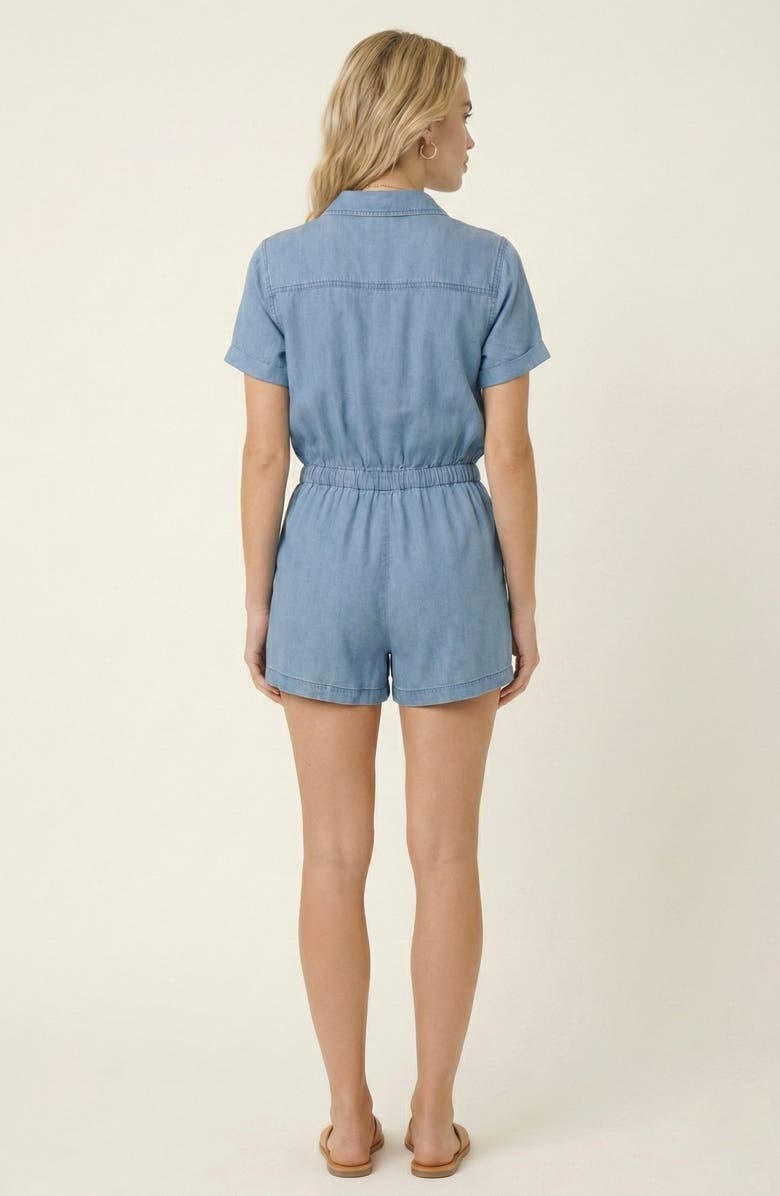Modenaire Utility Button-Up Denim Romper with Pockets and Drawstring Waist, Alternate, color, Denim Blue