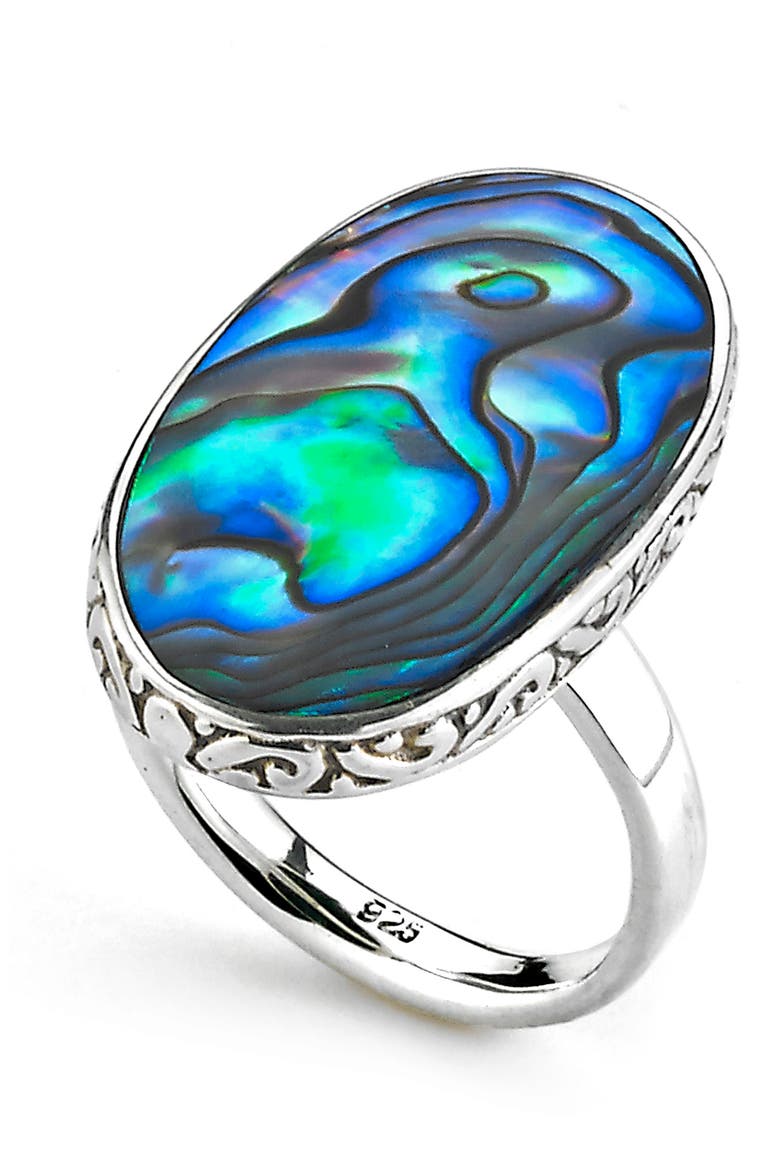 Sterling Silver Balinese Design Abalone Ring, Main, color, BLUE
