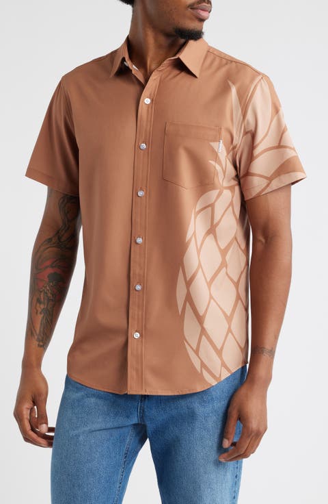 Sand Pineapple Weekend Short Sleeve Performance Button-Up Shirt