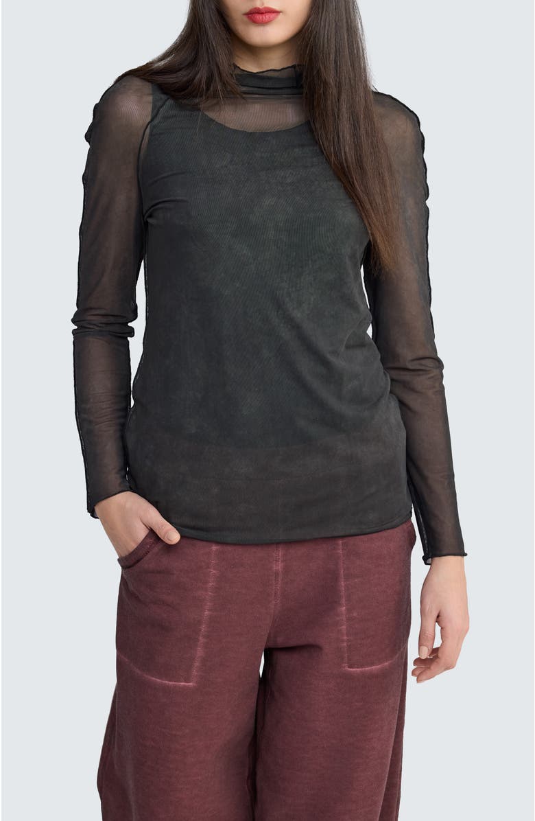 LUUKAA Neva Turtleneck Mesh Blouse, Main, color, Misty Black