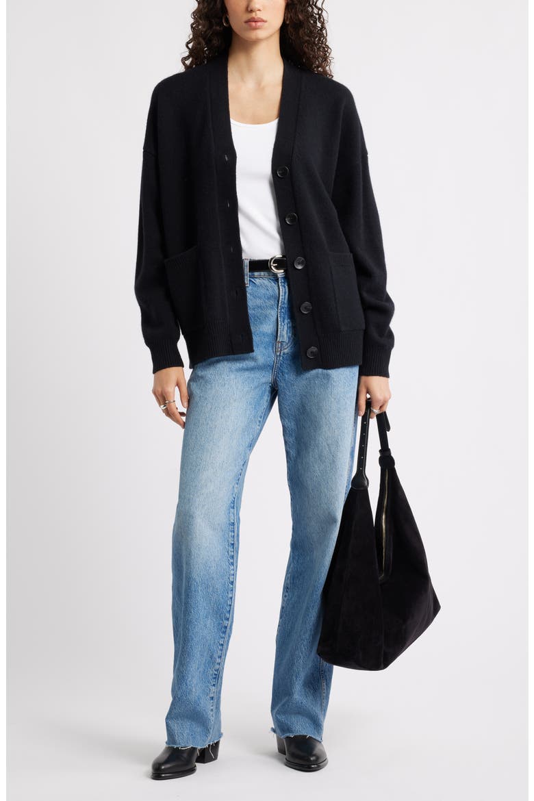 V-Neck Wool & Cashmere Cardigan, Alternate, color, BLACK ROCK