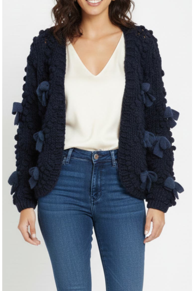 Bow Chunky Knit Cardigan, Main, color, NAVY