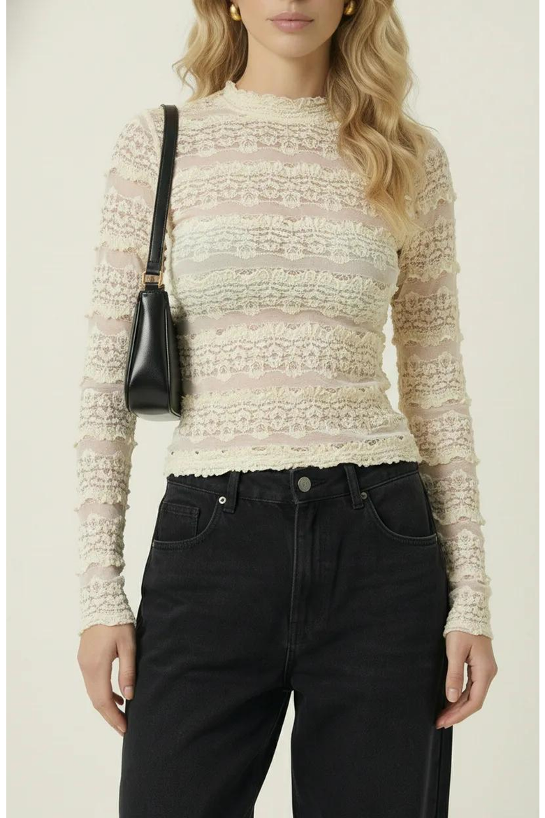 Sheer Lace Long Sleeve Top with Scalloped Mock Neck, Main, color, Off-White