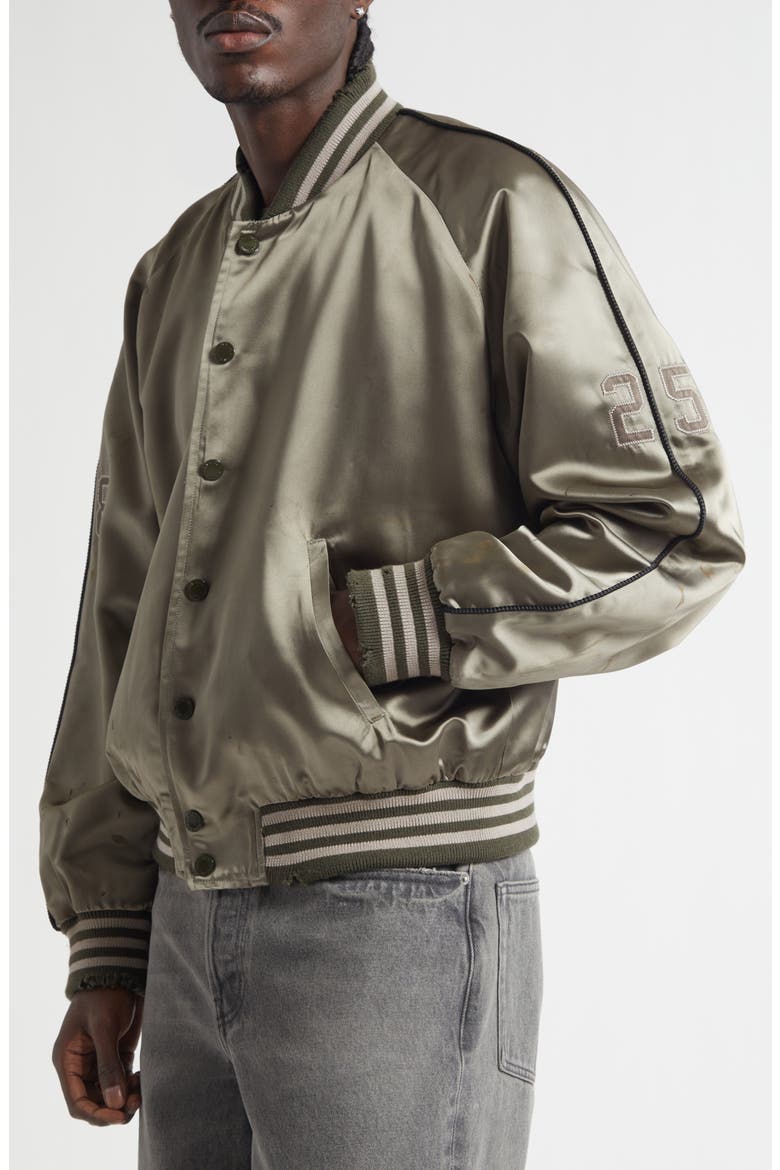 Gender Inclusive Journey Distressed Satin Bomber Jacket, Alternate, color, FOREST