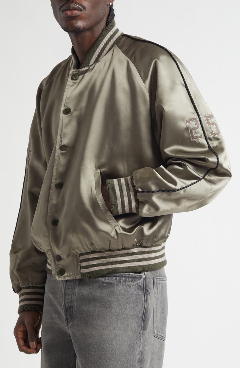 Golden Goose Gender Inclusive Journey Distressed Satin Bomber Jacket, Alternate, color, Forest