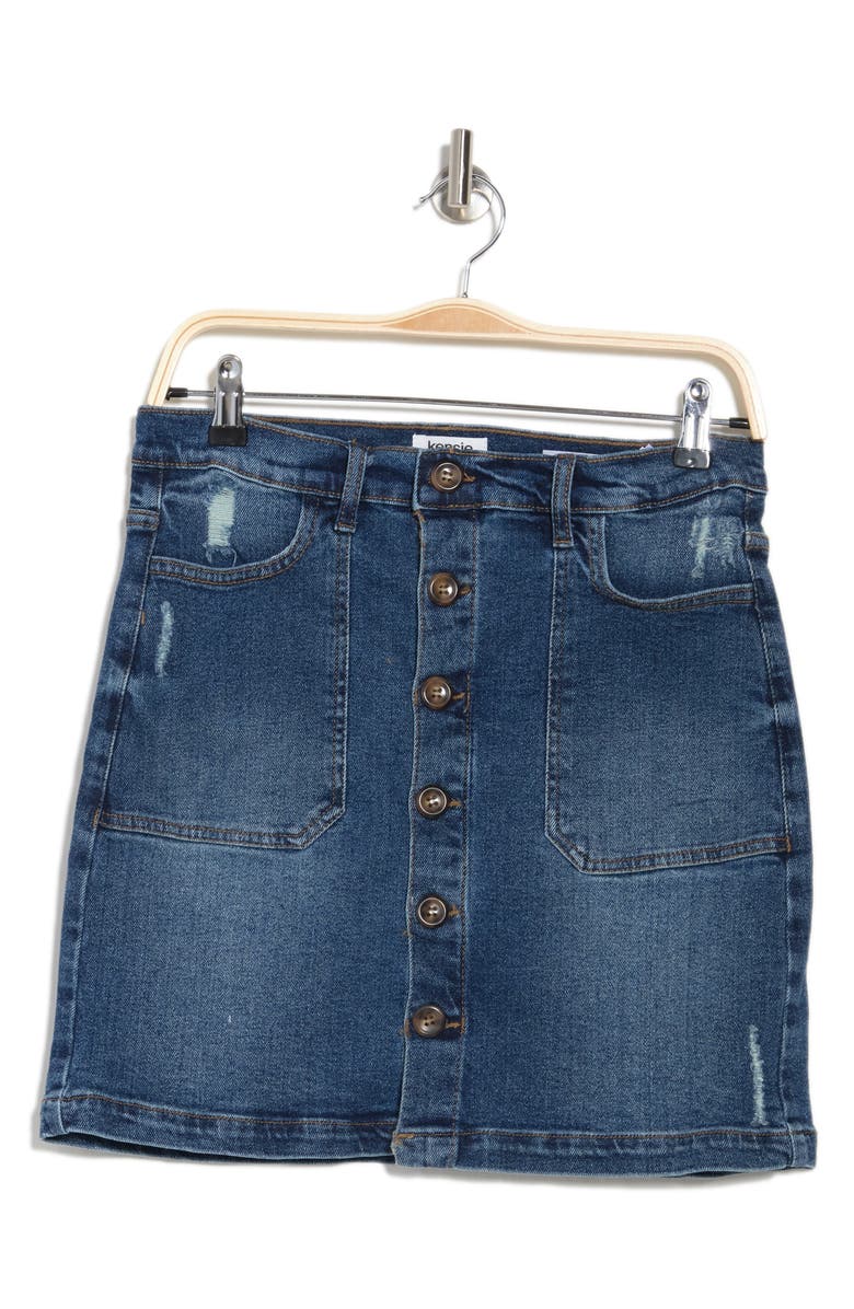 Kensie Distressed High Rise Button Front Denim Miniskirt, Alternate, color,