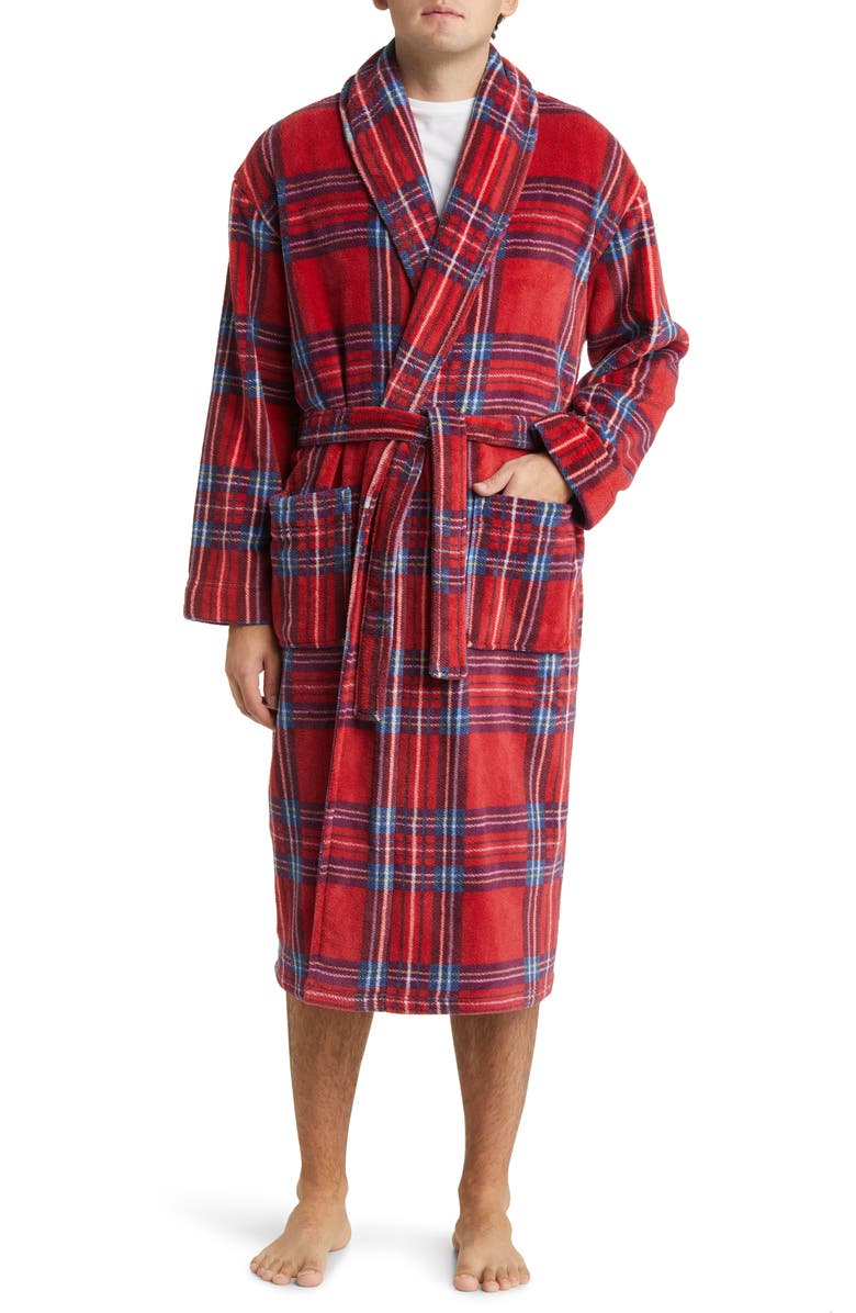 Majestic International Plaid Shawl Collar Fleece Robe, Main, color, Cherry