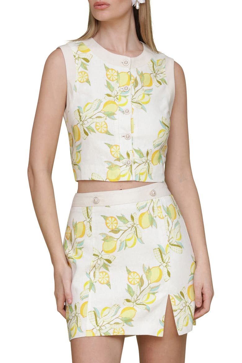 Lemon Print Linen Blend Crop Vest, Main, color, LEMON VINE