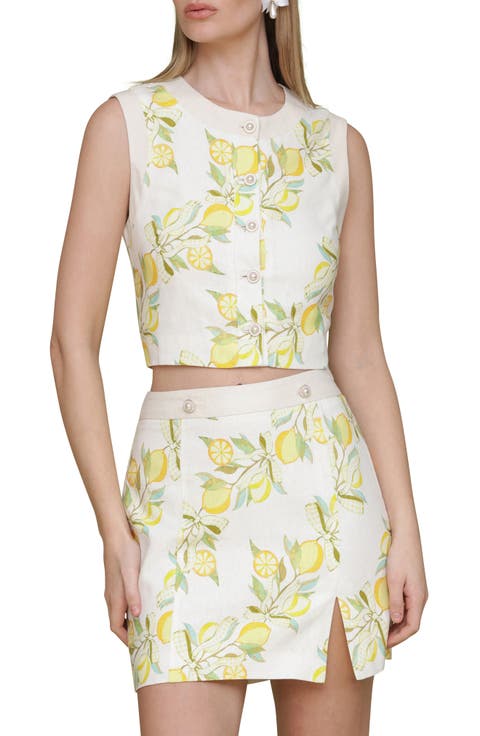 Lemon Print Linen Blend Crop Vest